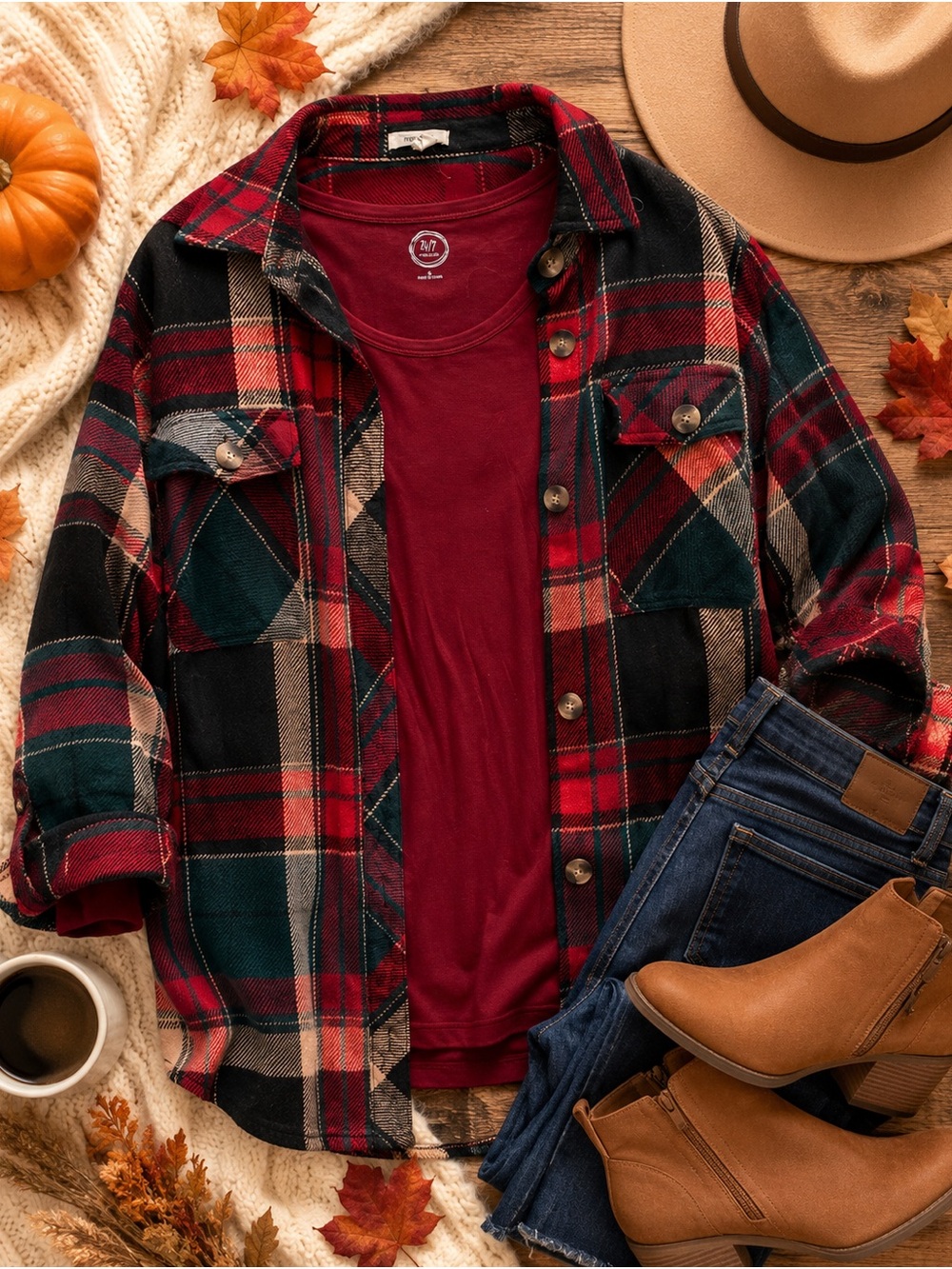 Title: Maurices Plaid Shacket & Burgundy Long Sleeve Top 2 Piece Set